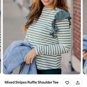 Doe & Rae Green and White Ruffle Shoulder Blouse